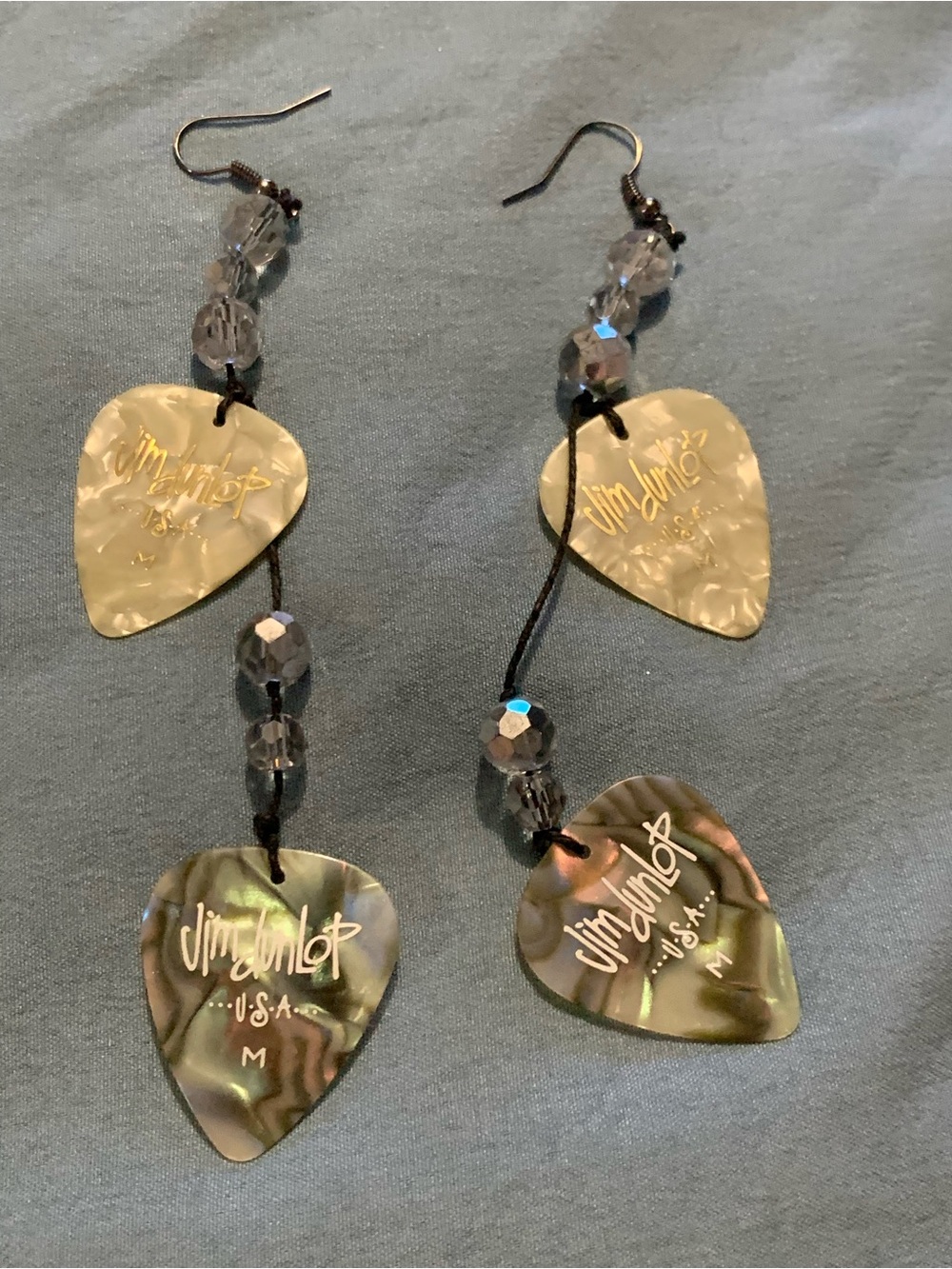 Jim Dunlop USA Guitar Pick Dangle Earrings in Iridescent Cream and Gray